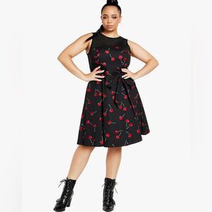City Chic Molly Cherry Print Fit Flare Dress Sleeveless Black Red 22 XL NWT